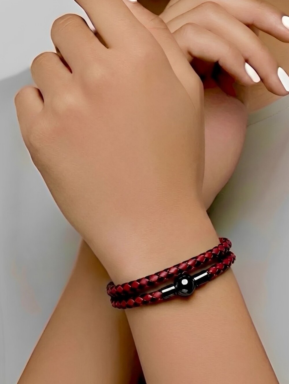 Linx Double Wrap Red/Black Leather Braided Cord Bracelet Black Magnetic Clasp